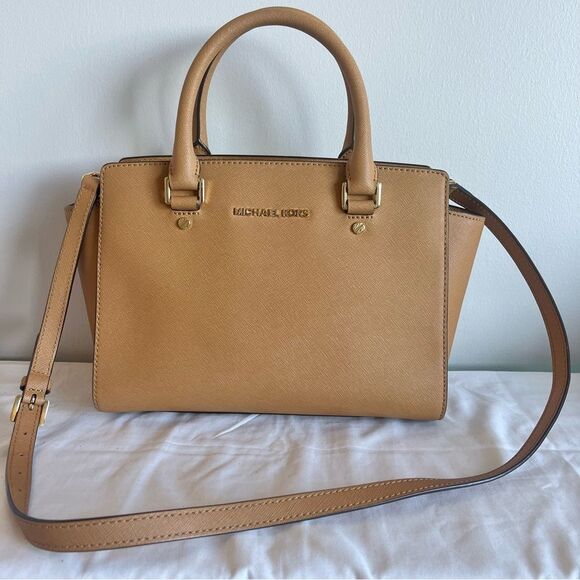 MICHAEL KORS Tan Selma Ciara Satchel Acorn Shoulder Bag Crossbody Tote - Picture 2 of 11